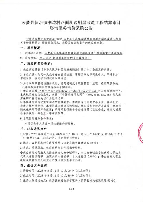 云夢縣伍洛鎮湖邊村路面刷黑改造工程結算審計咨詢服務詢價采購公告